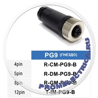 R-DM-PG9-B Прямой разъем M12, 5PIN, гнездо мама, PG9, пластмасс